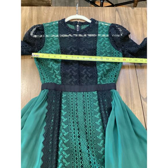 Self Portrait long sleeve mesh Green Lace pleated flare whimsygoth Mini Dress 4 - Picture 7 of 14